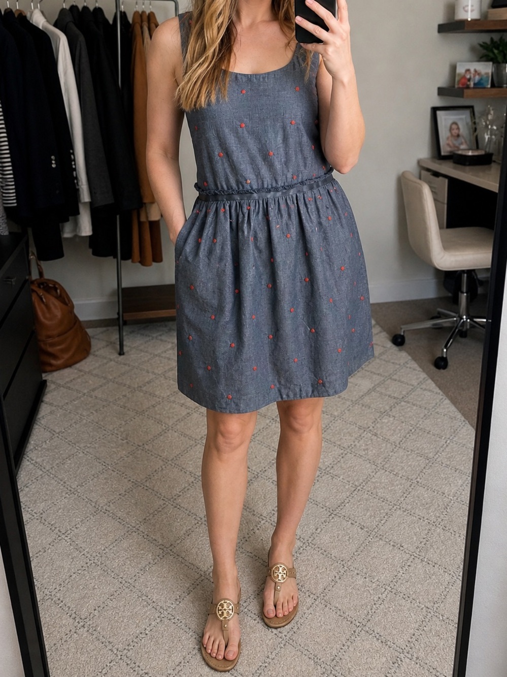 NWT Gap Lined Chambray Dress with Red Embroidered Accents 12P